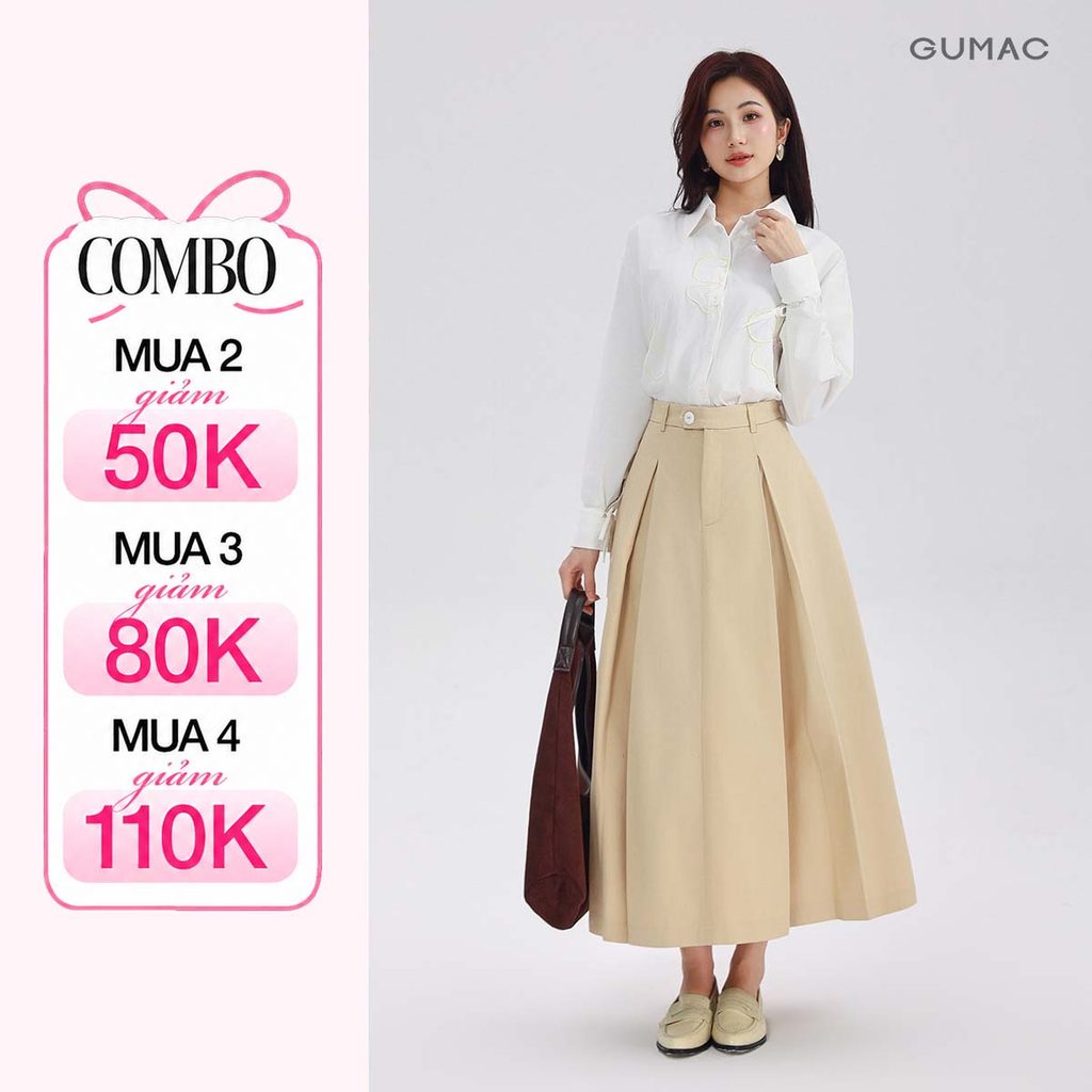 Chân Váy Kaki Nữ GUMAC Form A Xòe Dài Phối Ly Hộp Có Túi Sườn Trẻ Trung Dễ Phối Đồ YVF10073