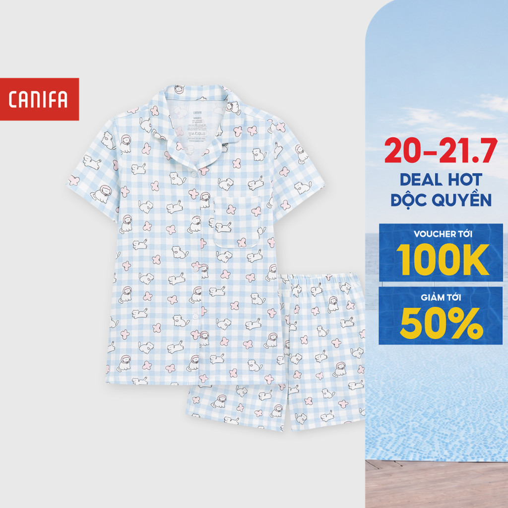 Bộ pyjama bé gái CANIFA ngắn tay cổ bẻ có hình in 1LS26S007
