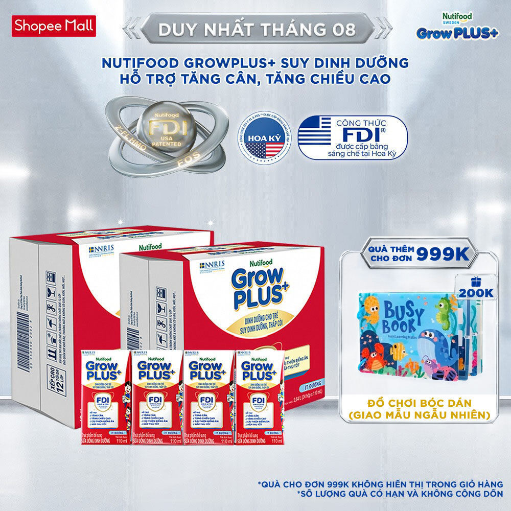 Thùng SBPS Nutifood GrowPLUS+ ít đường Suy Dinh Dưỡng - Tăng Cân, Tăng Chiều Cao (48 Hộp x 110ml) (Bao bì tùy lô hàng)