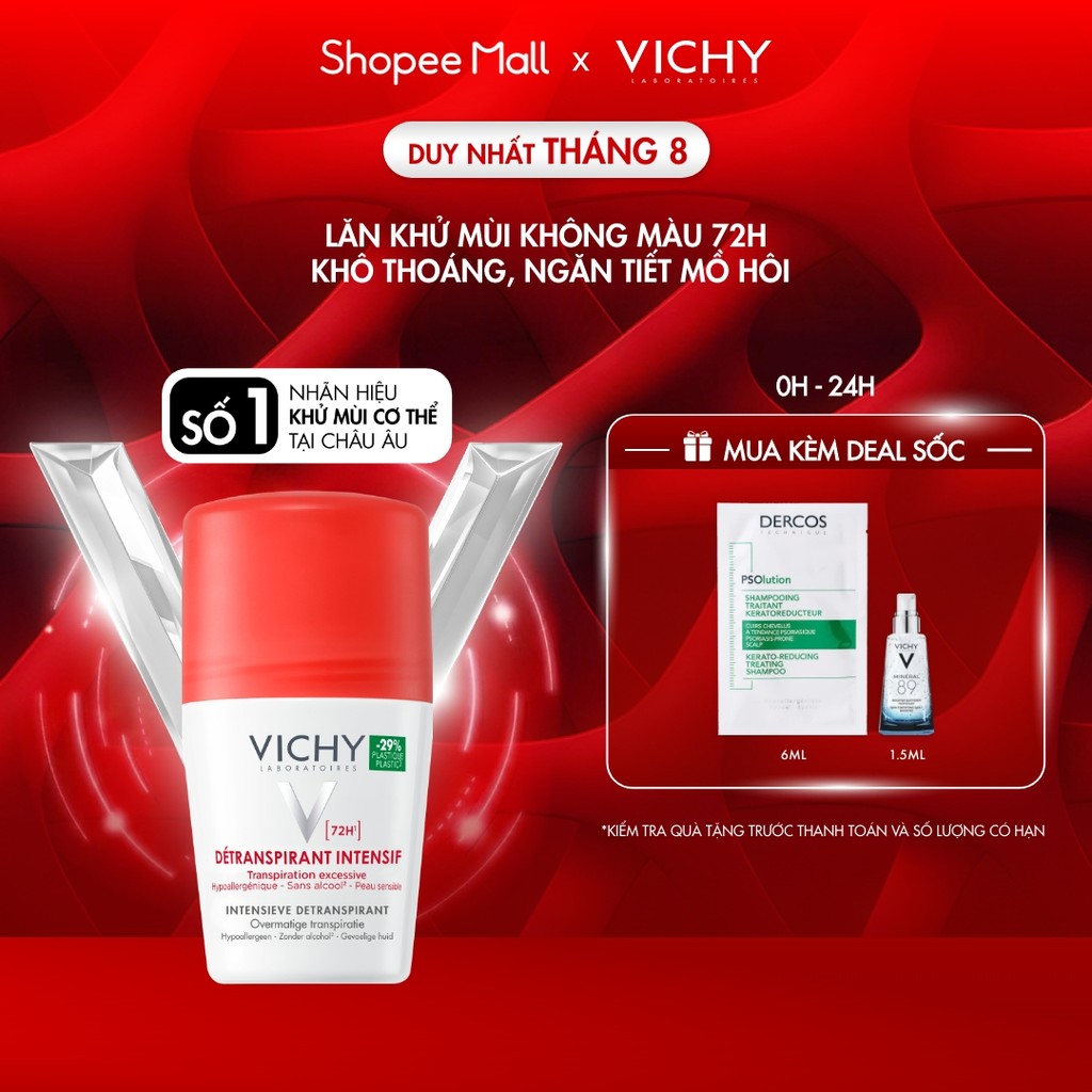Lăn khử mùi Vichy khô thoáng, ngăn ngừa và giảm tiết mồ hôi 72H, không gây kích ứng, sạm da 50ml