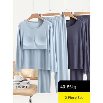 set thu đông nữ bộ đồ ngủ nữ dài tay Bộ đồ ngủ đệm ngực modal quần ngủ đồ mặc nhà một màu dài tay cổ tròn mùa xuân thu cho nữ bộ đồ mặc thường ngày không cần áo ngực cỡ lớn