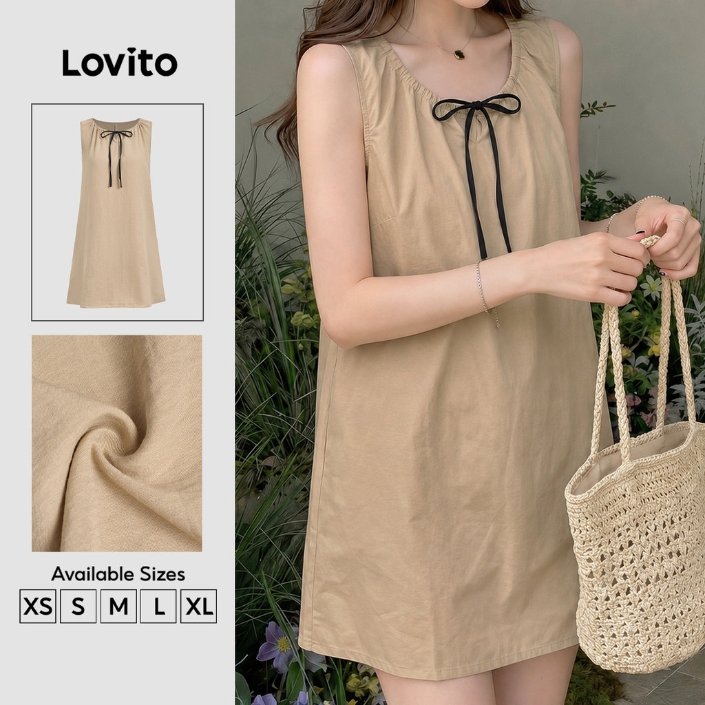 (New Arrival) Lovito Váy liền thường ngày dáng suông đi lại thư giãn mùa Xuân/Hè kaki cho nữ DRK8P1D982