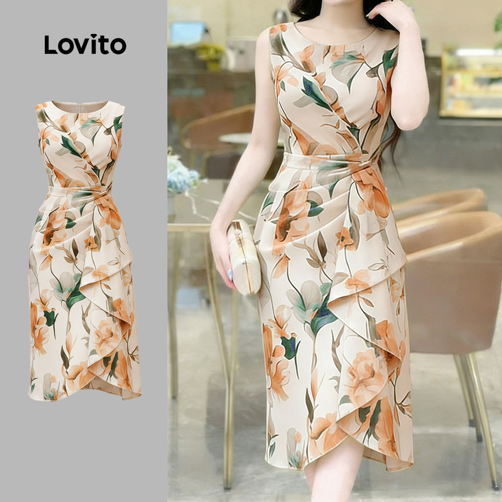Lovito Đầm nữ mùa xuân/hè không đối xứng hoa bèo nhún phong cách thường ngày L196ED941