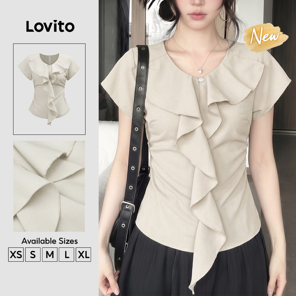 (New Arrival) Lovito Áo sơ mi nữ tay bèo phong cách thường ngày thiết kế đơn giản màu kaki phù hợp mùa xuân/hè BLK9TD075