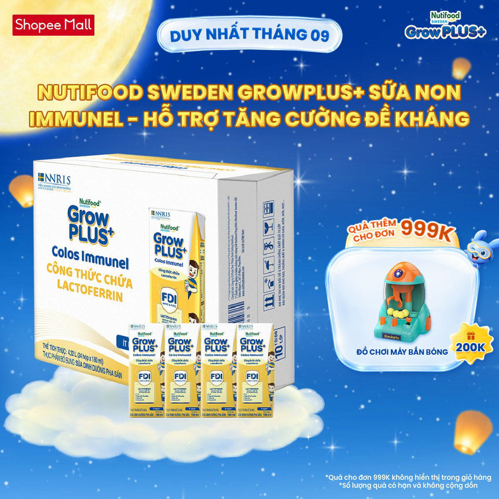 Thùng 24 hộp Sữa Bột Pha Sẵn Nutifood Sweden GrowPLUS+ Sữa Non Immunel hộp 180 ml (Bao bì tuỳ lô hàng)