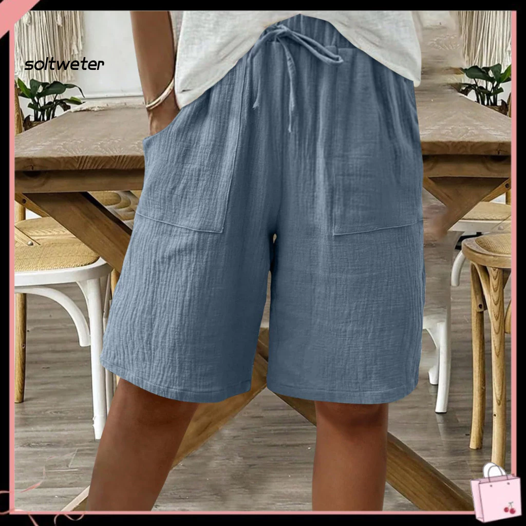 Quần short nữ ST Quần short công sở Quần short dài đến đầu gối eo cao dành cho nữ có túi – Quần short thoáng khí vừa vặn thoải mái mặc phòng chờ mùa hè Quần short thoáng khí màu tr