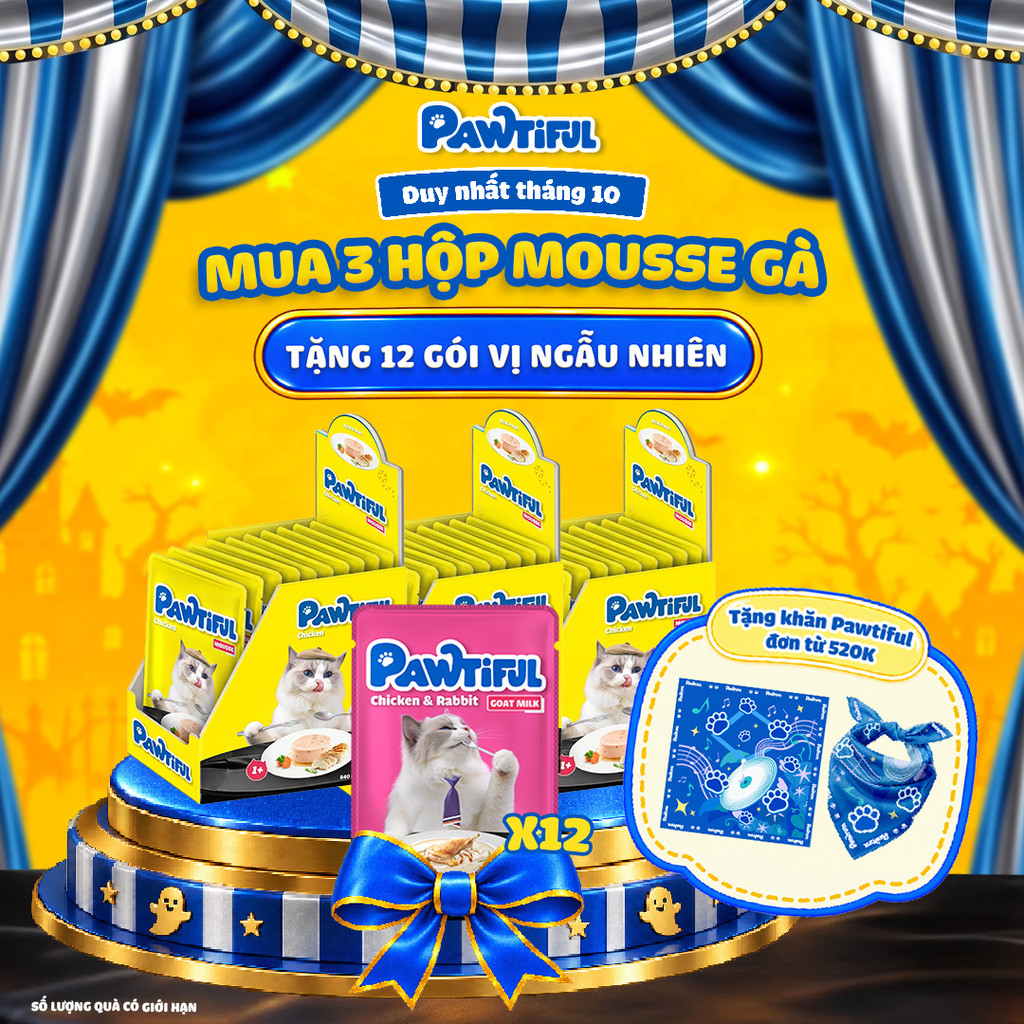 [MUA 3 HỘP TẶNG 12 GÓI] 3 Hộp Pate Pawtiful cho mèo dạng Mousse vị Gà 3hộp x12gói x70g