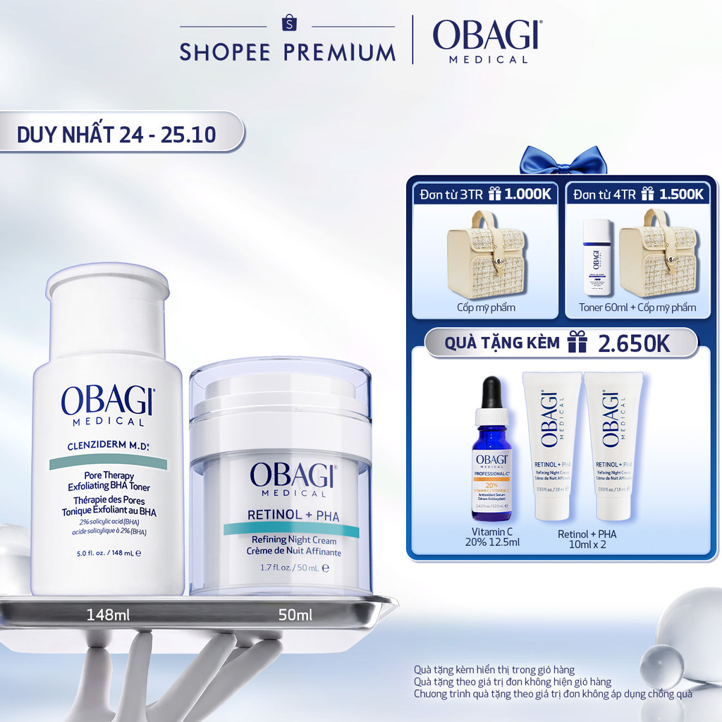 [Voucher SVIP 18%] Bộ đôi Kem Dưỡng Đêm Obagi Retinol + PHA 50ml và Toner Obagi Clenziderm M.D. Exfoliating 2% BHA 148ml