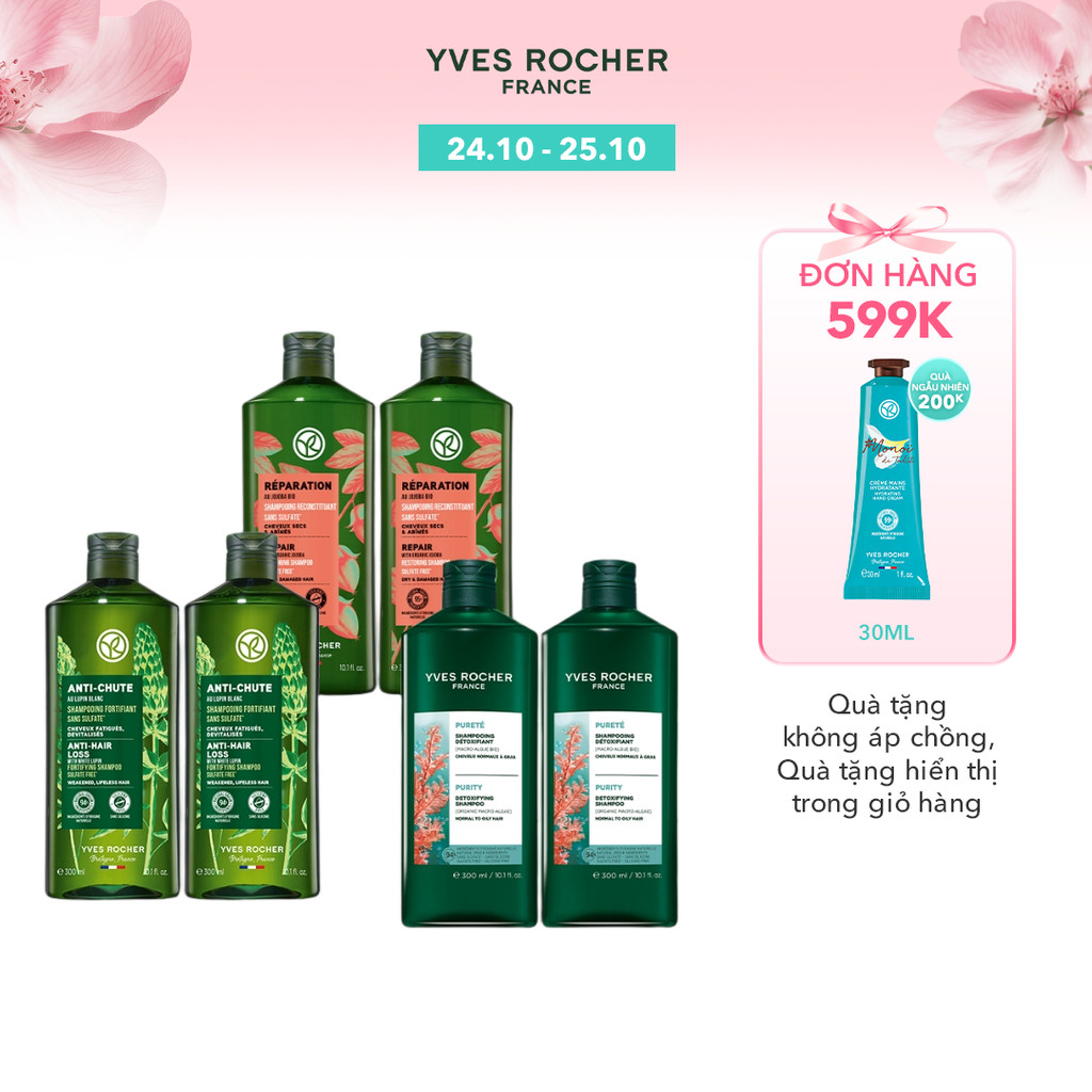 Combo 2 dầu gội thiên nhiên không Sulfate không Silicone Yves Rocher 300mlx2 (nhiều phân loại)