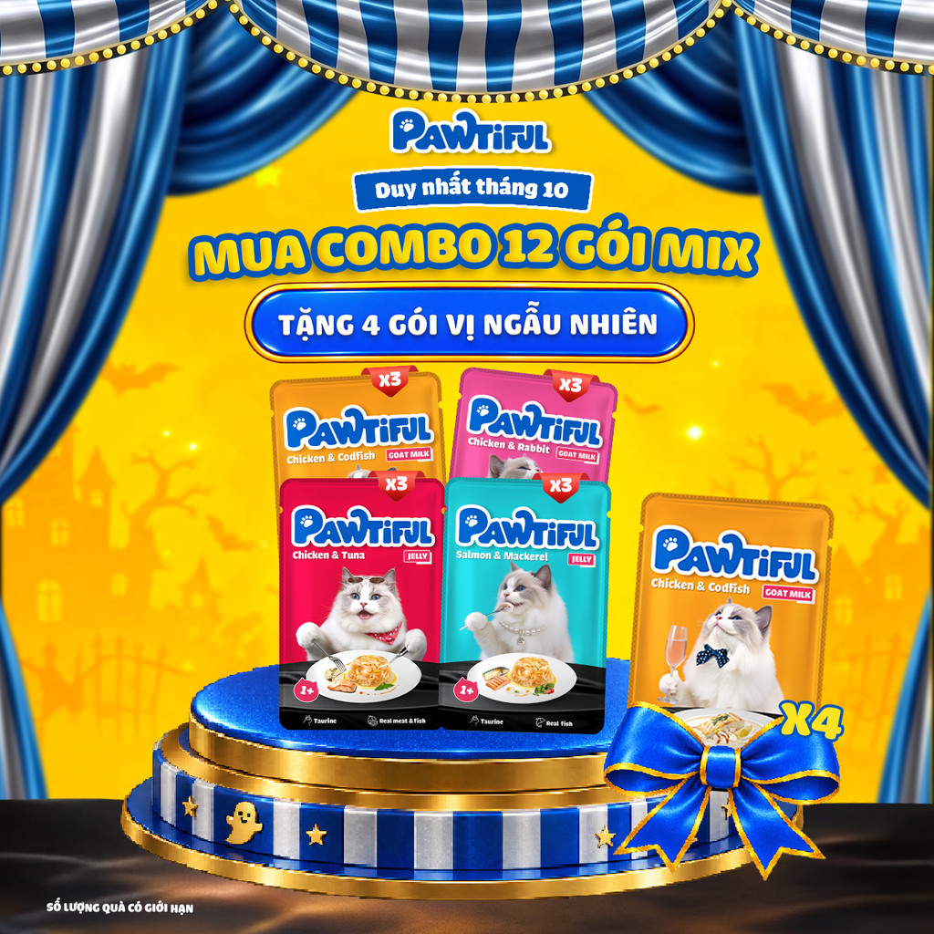 [MUA 12 TẶNG 4] Combo 12 túi Thức ăn cho mèo Pawtiful mix 2 dạng Sữa Dê & Thạch 70G x12