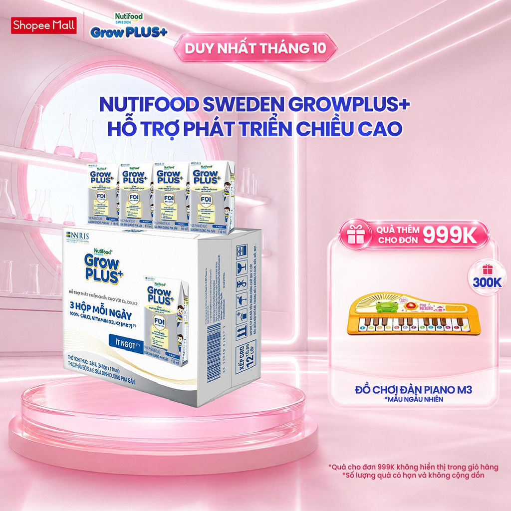 Thùng 24 hộp Sữa Bột Pha Sẵn Nutifood Sweden GrowPLUS+ Cao lớn vượt trội Height hộp 110 ml