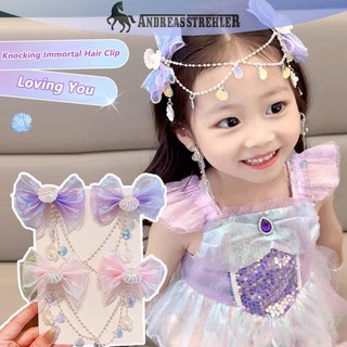 Onetimingfine Hoạt Hình Bé Gái Trẻ Em Nàng Tiên Cá Công Chúa Ngọc Trai Viền Hồng Tím Nơ trán Dây Xích Kẹp Tóc Cổ Tích Earhook Phụ Kiện VN