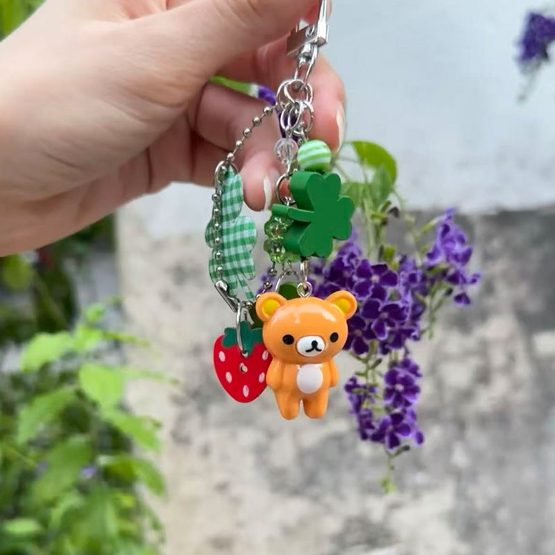 Mới Đính Hạt Cỏ Ba Lá Móc Khóa Hoạt Hình Gấu Retro Mặt Dây Chuyền Túi Trang Trí Móc Chìa Khóa