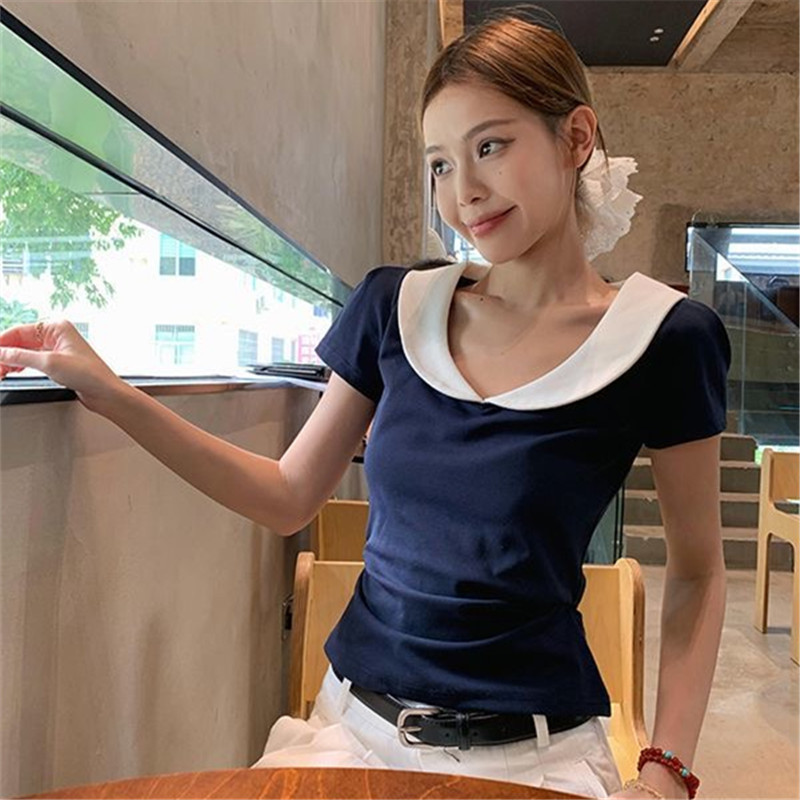 Áo thun cổ búp bê phong cách Hàn Quốc, thiết kế ôm body, thời trang mùa hè