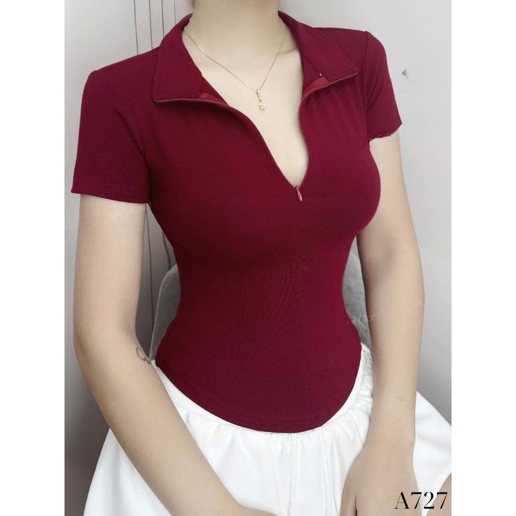 Áo Thun Nữ Ôm Body Cổ Bẻ Có Khóa, Chất Cotton Co Giãn Mát, Polo Nữ Thanh Lịch_A727