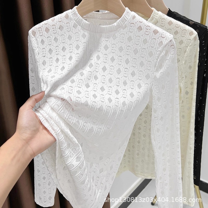 Áo thun ren cổ tròn lưới dài tay thời trang cho nữ xuân thu đông