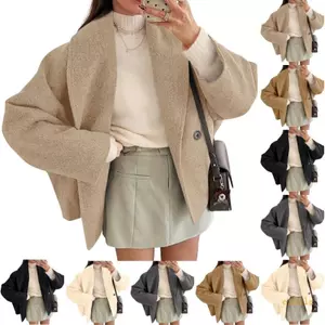 Exhila Nữ Crop Pea Coat Quá Khổ Len Pha Trộn Crop Ve Áo Đôi Áo