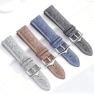 Vintage Denim Nylon Vải Da Thật Chính Hãng Dây Đeo Đồng Hồ 18mm 20mm 22mm Vải Đồng Hồ Dây Đeo Tay Vải Dệt Chính Hãng Da Bò Đồng Hồ Vòng Tay Nam Nữ Đen Xanh