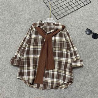 Áo Sơ Mi Bigsize Nữ Somi Kẻ Sọc Tay Dài Kèm Khăn Quàng Cổ Cá Tính Vintage SM182+A195