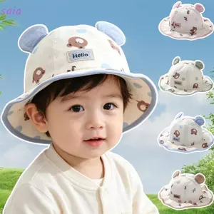 Mũ chống nắng trẻ em SAIA, Mũ chống nắng Cotton in hình gấu, Mũ xô mềm cho trẻ mới biết đi