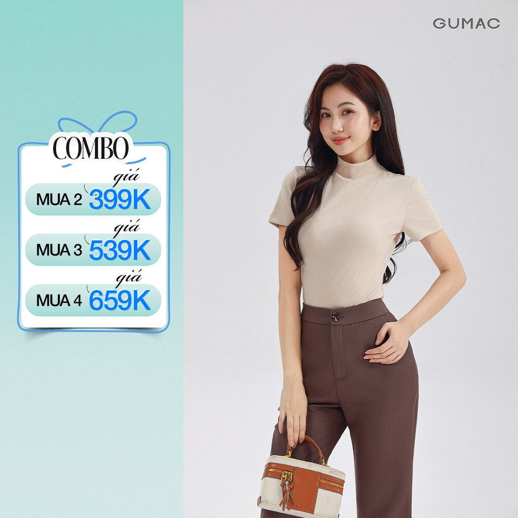 Áo Thun Cổ Lọ Nữ GUMAC Áo Thun Gân Tay Ngắn Phom Ôm Co Giãn Nhiều Tôn Dáng LATE1111