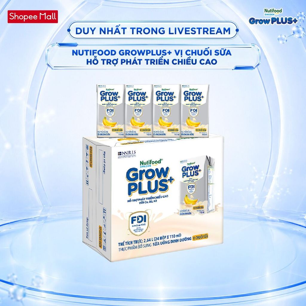 [LIVESTREAM KOL] Thùng 24 hộp Sữa bột pha sẵn Nutifood Sweden GrowPLUS+ Vị Chuối Sữa hộp 110ml (24 x 110ml)