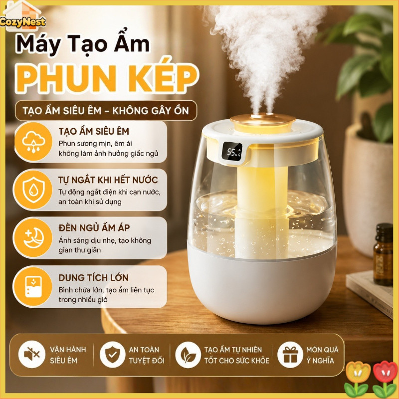 Máy Tạo Ẩm Phun Kép - Màn Hình Số Hiển Thị Độ Ẩm, Sương Nano Siêu Nhỏ - Chạy Siêu êm