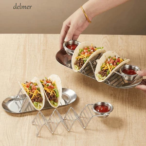 Đế Taco DELMER có khay, Giá đỡ Taco bằng thép không gỉ chống trượt, di động có cốc đựng nước sốt chất lượng cao cho khay trưng bày bánh kếp Tacos 1 / 2 / 3 / 4
