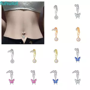 FUHUIOT Kẹp xỏ khuyên bụng giả, Bướm đính đá không xuyên nút bụng, Nhẫn bụng đồng nhiều màu hình học hợp thời trang hàng ngày