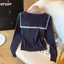 HFSHY Cổ Hải Quân Dài Tay Sọc Phong Cách Preppy Áo Thun Nữ Chữ V Cổ Dệt Kim VN