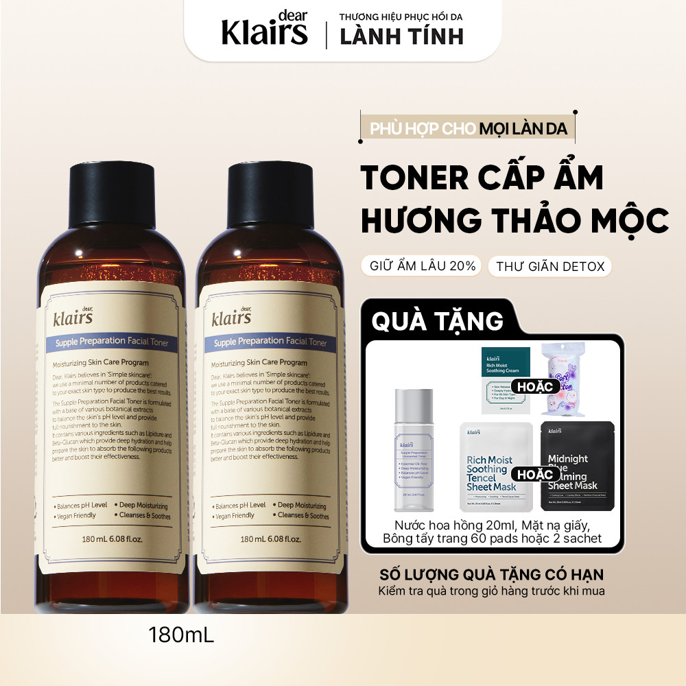 Combo 2 Nước hoa hồng Dear, Klairs Supple Preparation Facial Toner cấp ẩm hỗ trợ làm sáng da 180ml/chai [FS]