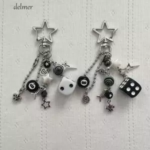Móc khóa DELMER Rockstar, Lucky Black 8 Handmade Spider Web Móc khóa, Điện thoại Charm Đính cườm hình ngôi sao đen trắng Y2k Mặt dây chuyền