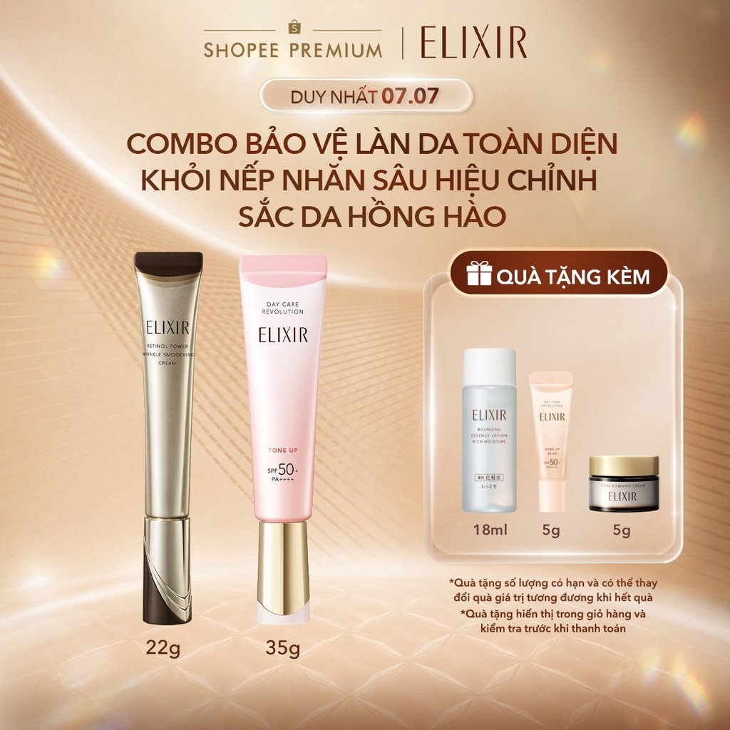 COMBO Kem dưỡng da cải thiện ELIXIR RETINOL POWER WRINKLE SMOOTHING CREAM 22g + Sữa chống nắng nâng tông ELIXIR SUPERIEU