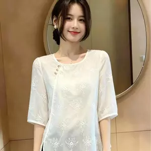 Mùa hè 2026 Plus size Áo sơ mi ngắn tay thêu chéo phong cách Trung Quốc cỡ lớn béo mm rộng che thịt mỏng hơn Phong cách Trung Quốc Áo sơ mi nhỏ sang trọng đẹp dành cho nữ