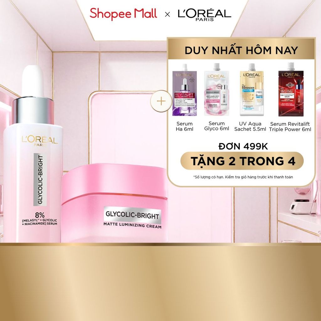 Bộ đôi serum & kem dưỡng sáng da đột phá Melasyl mờ thâm mụn, nám L'Oreal Paris Glycolic Bright 30ml, 50ml