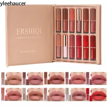 YLEEHAUCER 12 cái / bộ Velvet Lip Tint, Son môi mờ sắc tố cao lâu trôi, Son môi dưỡng ẩm cổ điển không phai màu trang điểm