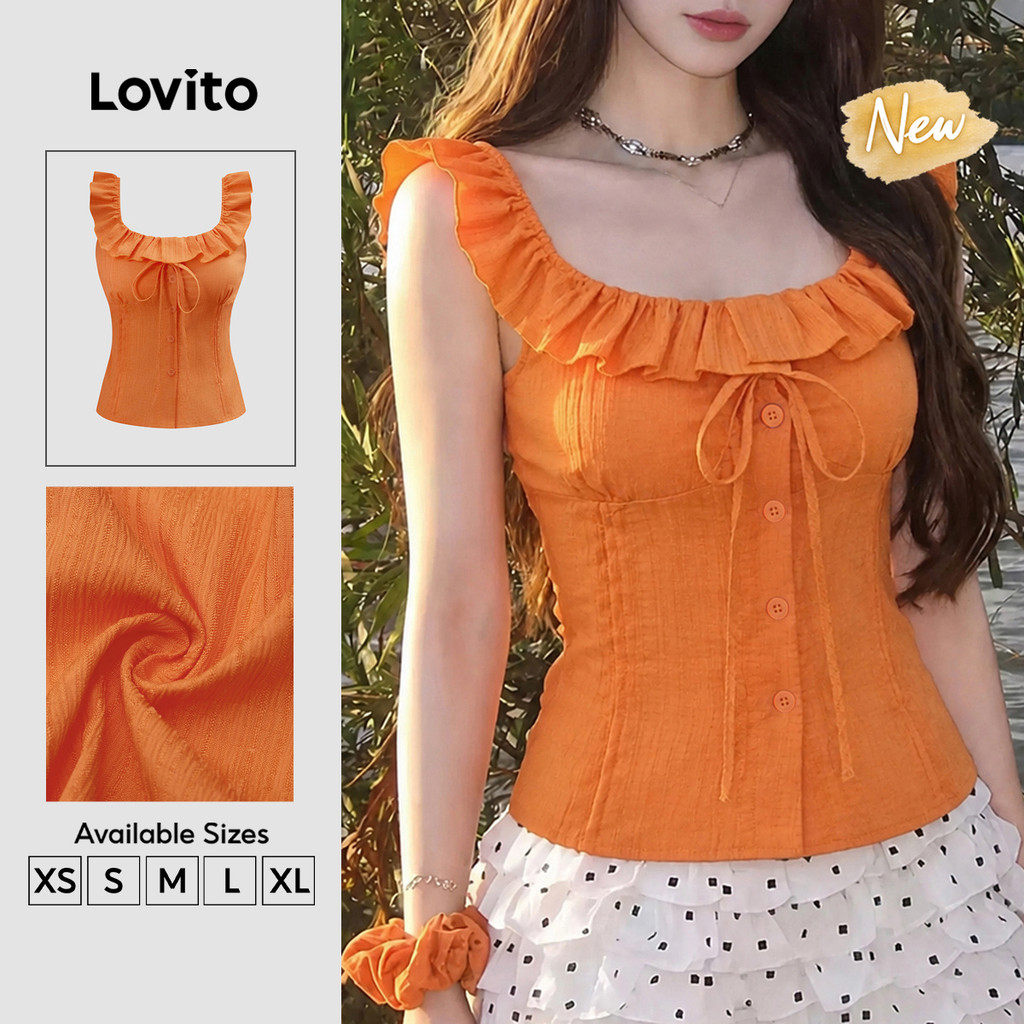 (New Arrival) Lovito Áo nữ màu Cam Phong cách thường ngày không Tay cổ vuông bèo nhún cài cúc xếp Ly mặc cuối tuần mùa xuân hè TKB204P1D204
