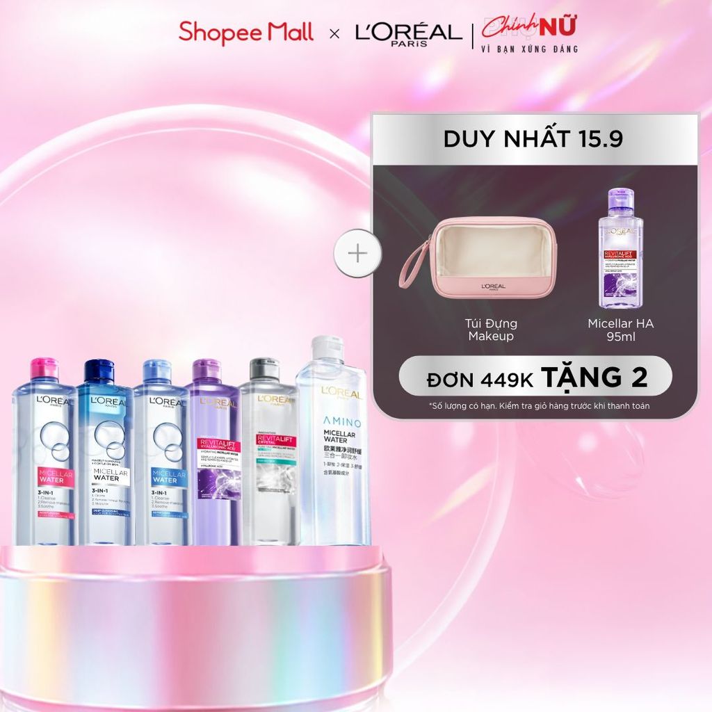 [AMINO MICELLAR MỚI] Nước tẩy trang làm sạch sâu, loại bỏ bụi bẩn & trang điểm 3-in-1 L'Oreal Paris Micellar Water 400ml
