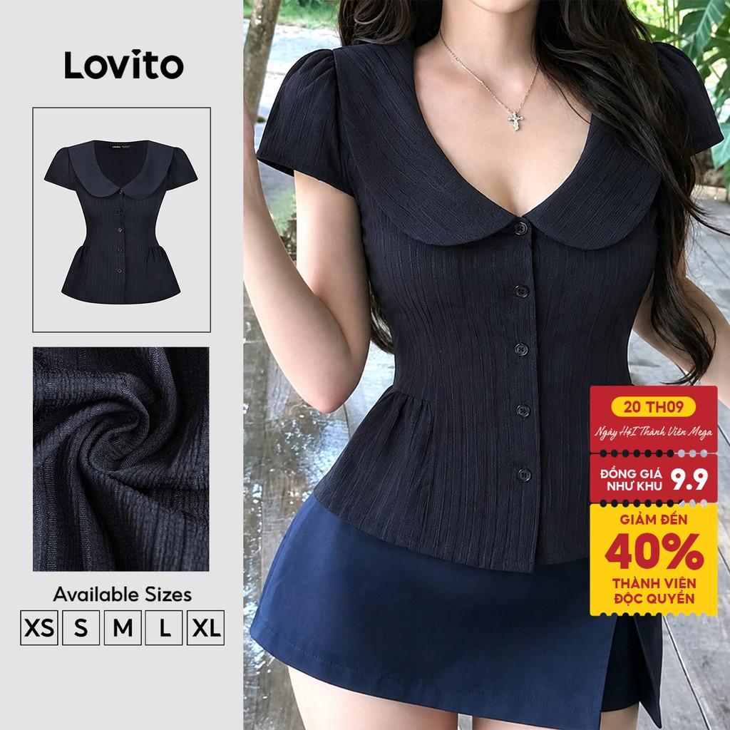 Lovito Áo phong cách thường ngày mùa xuân/hè màu xanh navy cho nữ BLB200TD070