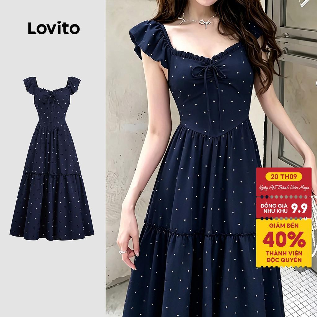 Lovito Đầm nữ xanh dương đậm thời trang xuân hè buộc phía trước lai bèo xếp nếp thanh lịch DRK8P2D652