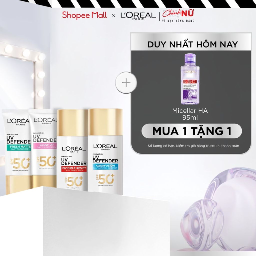 [CHỐNG NẮNG WATERGEL MỚI] Chống Nắng Phổ Rộng Thoáng Da, Kháng Mọi Tác Động UV Defender SPF 50+ PA++++ Loreal Paris 50ml