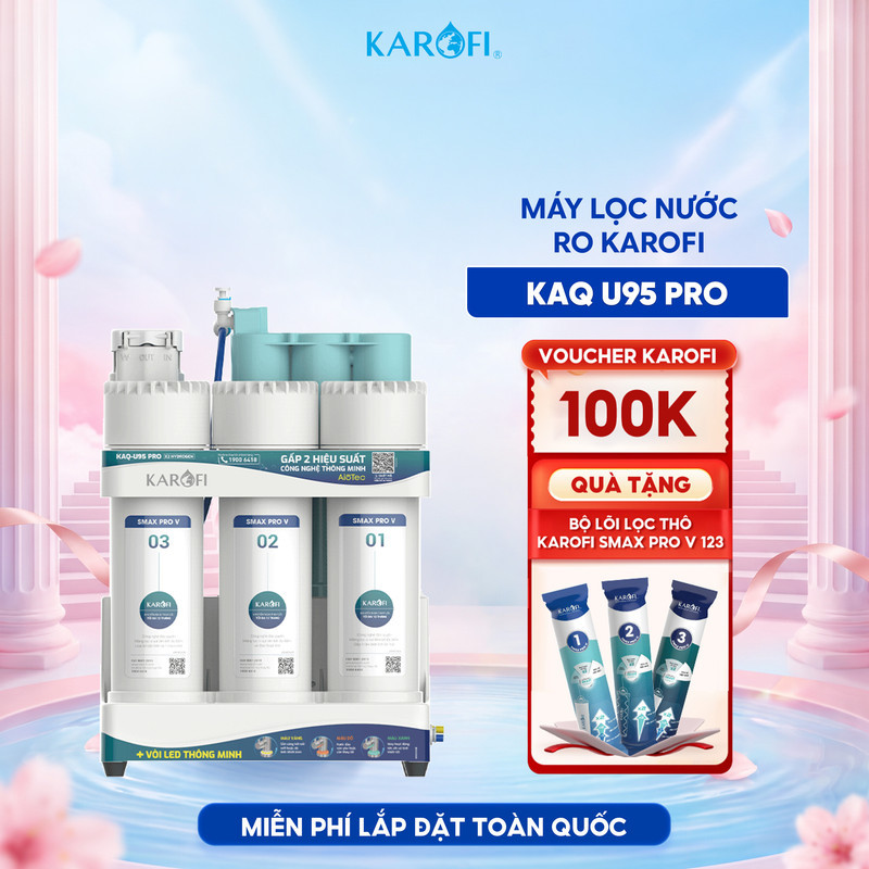 [TẶNG BỘ LÕI] Máy lọc nước để gầm Karofi KAQ-U95 Pro - 10 lõi, Aiotec, RO Mỹ 100GPD, Lắp miễn phí