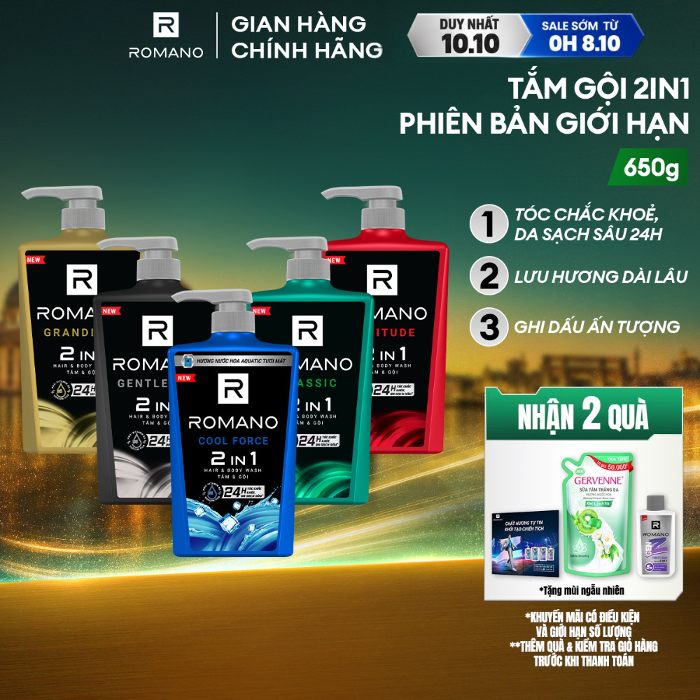 [SVIP] Tắm gội cho nam 2 trong 1 hương Nước hoa nam Romano 2in1 650g/chai