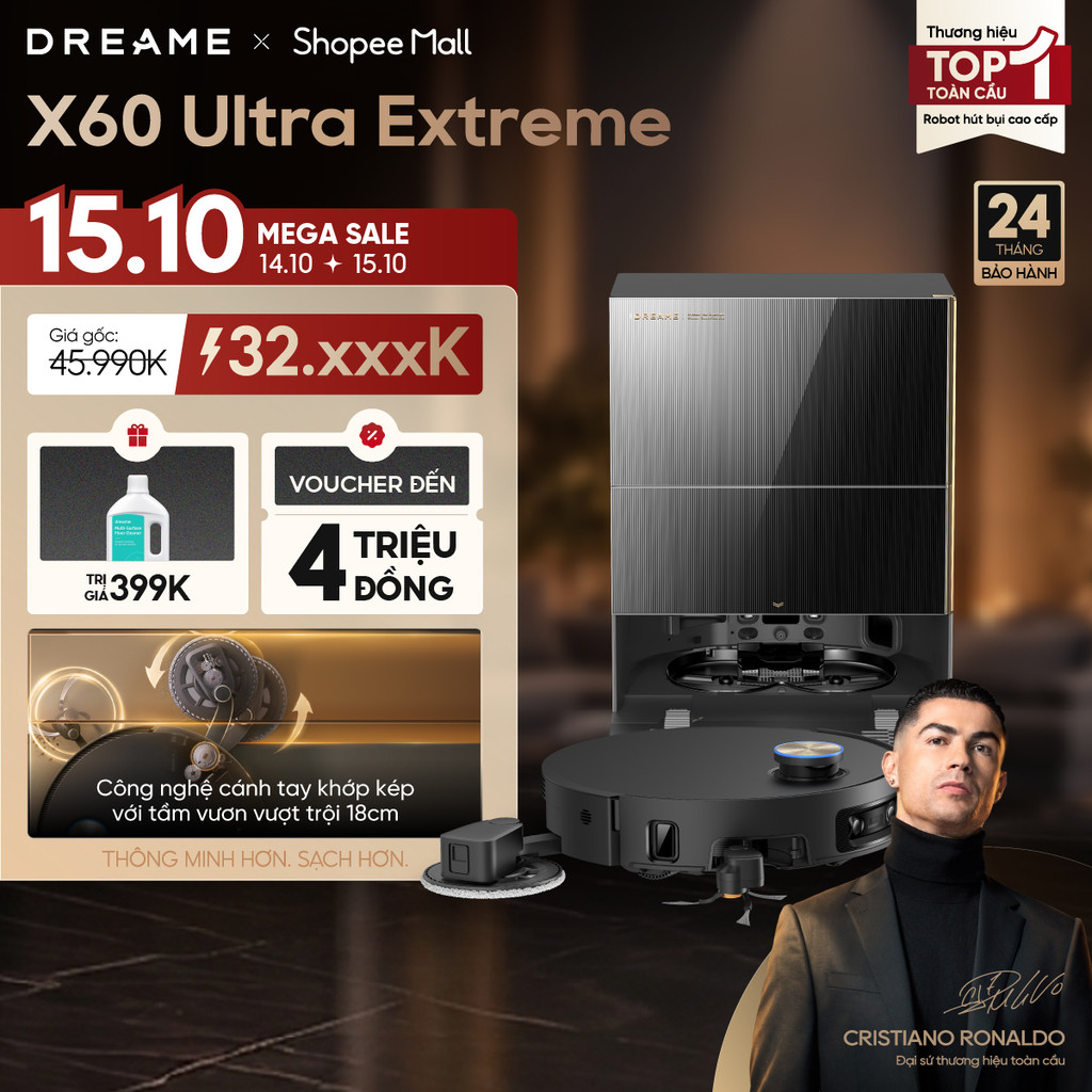 Dreame X60 Ultra Extreme Robot hút bụi thông minh camera AI kép | lực hút 42.000 Pa | Giẻ lau mở rộng 18cm | BH 24 tháng