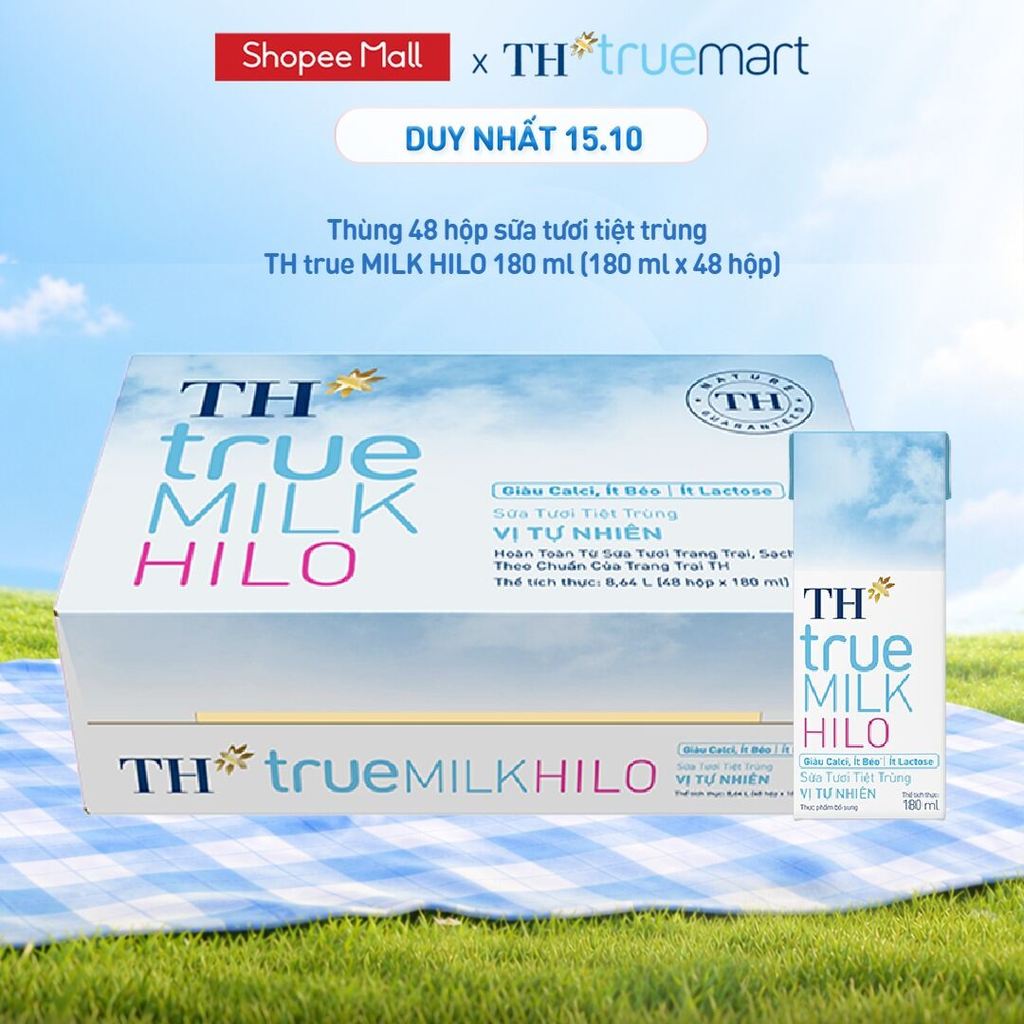 Thùng 48 hộp sữa tươi tiệt trùng TH true MILK HILO vị tự nhiên 180 ml (180 ml x 48)
