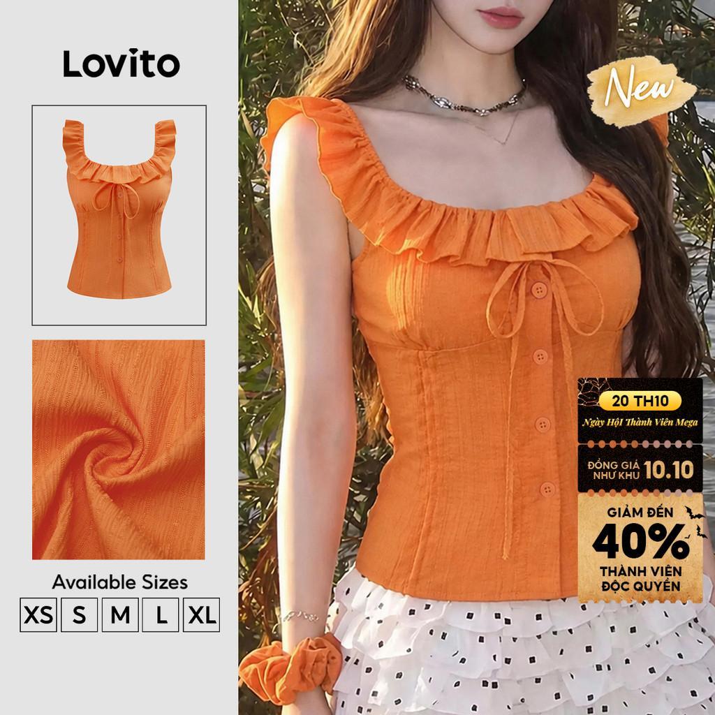 (New Arrival) Lovito Áo nữ màu Cam Phong cách thường ngày không Tay cổ vuông bèo nhún cài cúc xếp Ly mặc cuối tuần mùa xuân hè TKB204P1D204
