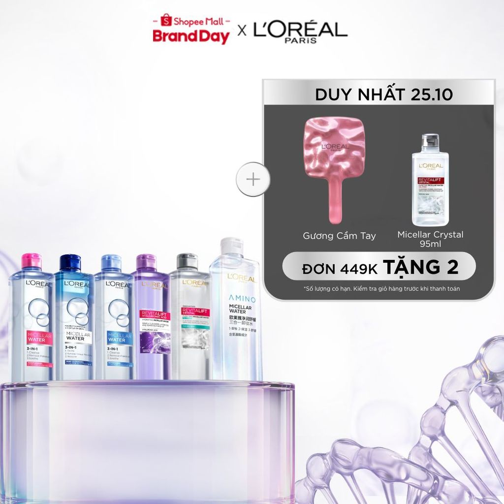 [AMINO MICELLAR MỚI] Nước tẩy trang làm sạch sâu, loại bỏ bụi bẩn & trang điểm 3-in-1 L'Oreal Paris Micellar Water 400ml