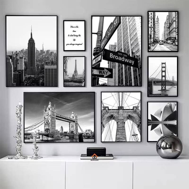 Hiện Đại New York London Paris Sydney City Landmark Phong Cảnh Tranh Canvas Đen Trắng Treo Tường Nghệ Thuật Hình Ảnh Nhà Trang Trí Phòng Không Khung