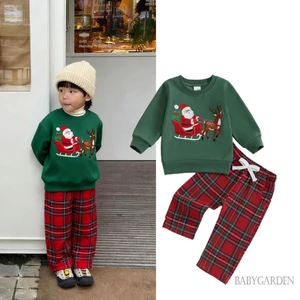 6M-4Y Tập Đi Bé Trai Trang Phục Giáng Sinh Thêu Cây Dài Tay Cổ Tròn Áo Chui Đầu + Co Giãn Eo Kẻ Sọc Quần 2 Chiếc Bộ