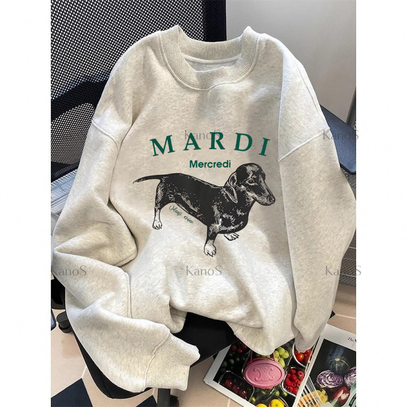 Kanos_shop | áo mùa đông nữ, Hàn quốc cổ điển đa năng Sausage dog print áo tay dài áo thể thao